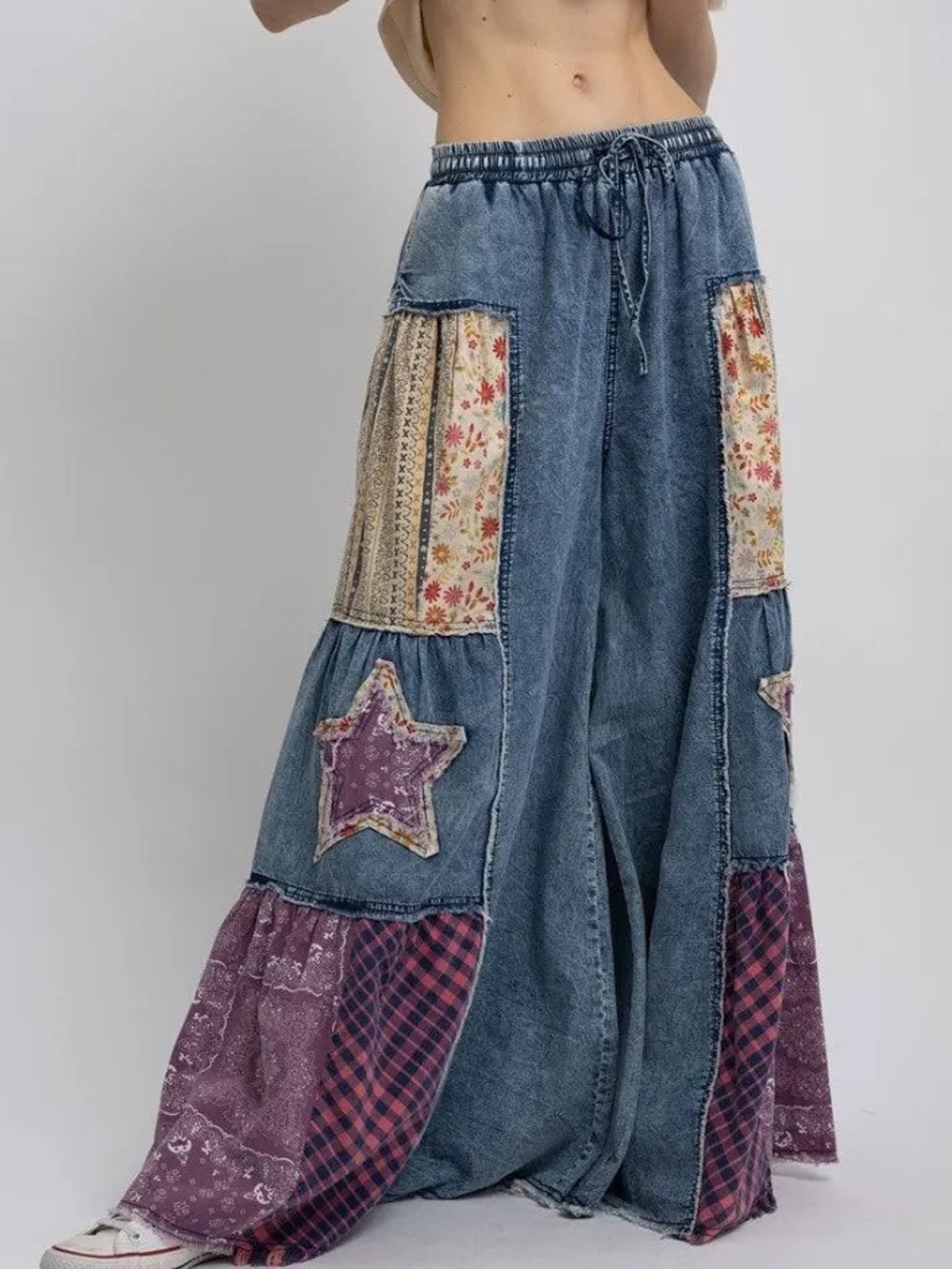 Blue Velvet LA Blush Wide-Leg Patchwork Bohemian Denim Jeans size small NWT